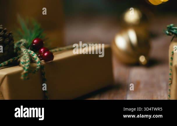 Close-up of an eco-friendly Christmas Advent present, day 23, wrapped ...