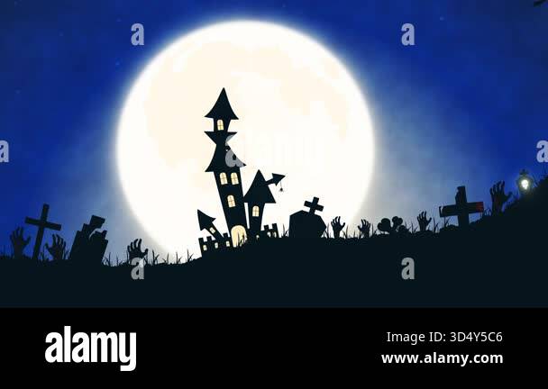 Creepy seamless horror loop with eerie graveyard silhouettes, haunted ...