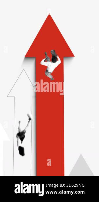 Trendy commercial. Businessman rising on red arrow with others falling ...
