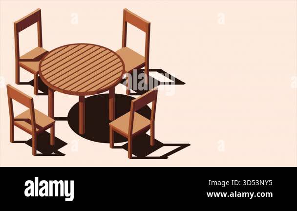 Isometric round table and four chairs animation. Wooden round table and ...