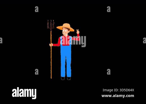 Cartoon Farmer in Hat Waving Hand and Holding Pitchfork on Transparent ...