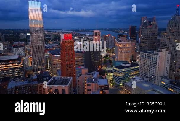 Detroit, USA, 28 July 2025: Footage among the tops of the diverse high ...