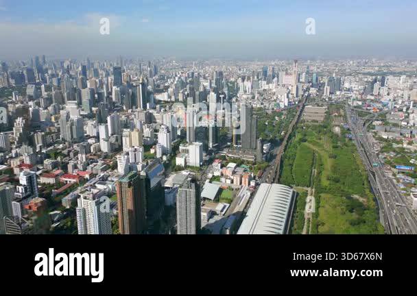 Aerial view of Bangkok, Thailand with dense skyline, modern skyscrapers ...