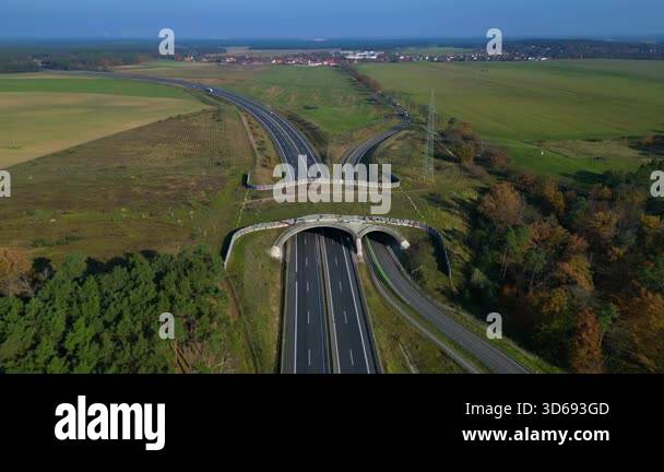 Aerial view showing wildlife crossing over freeway in Germany ensuring ...