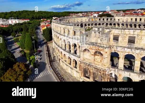 Cinematic Aerial View of Pula, Croatia Ancient Roman Amphitheatre ...