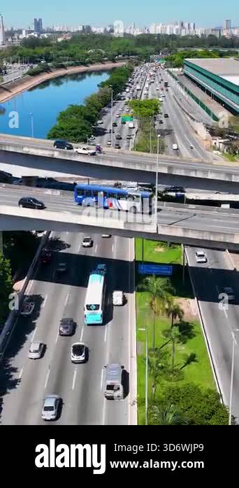 Cityscape of traffic jam at highway road landmark of Sao Paulo Brazil ...