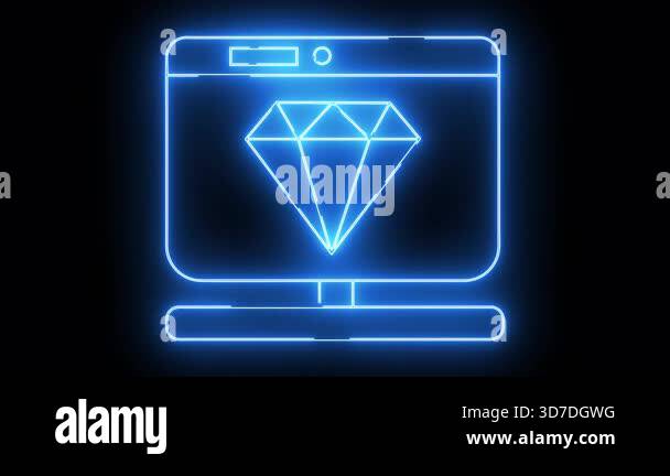 A neon blue computer monitor displays a diamond on its screen against a ...