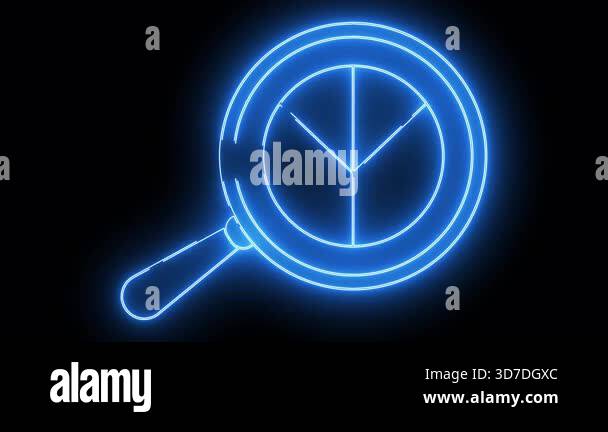 A blue neon magnifier with a pie chartlike split inside on a black ...