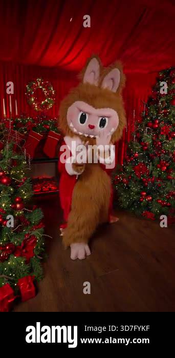 Cheerful Labubu dances near decorated Christmas trees and a fireplace ...