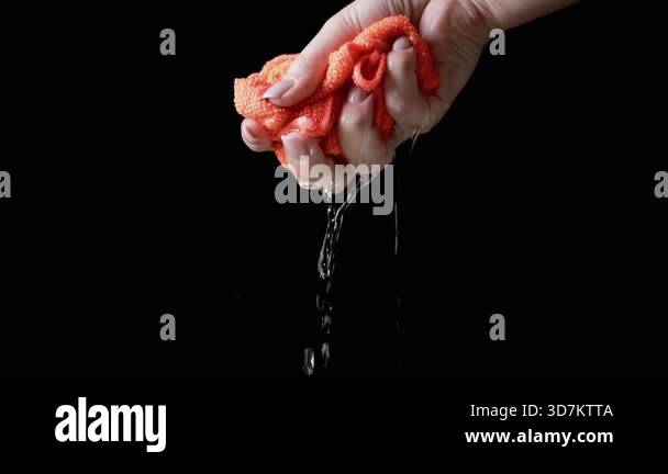 Black Rag Falling Female Hands Squeezing Wet Orange Rag On Black Background. Transparent ...