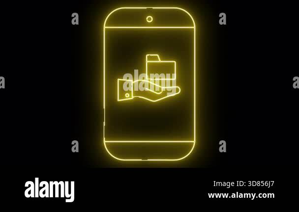 Neon phone displays folder icon in hand glowing yellow on a black ...