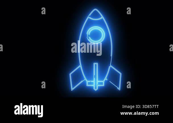 A blue neon rocketship stands out against a black background Stock ...