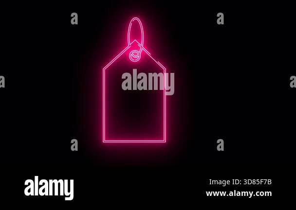 A luminous pink neon price tag shape is centered on a black background ...