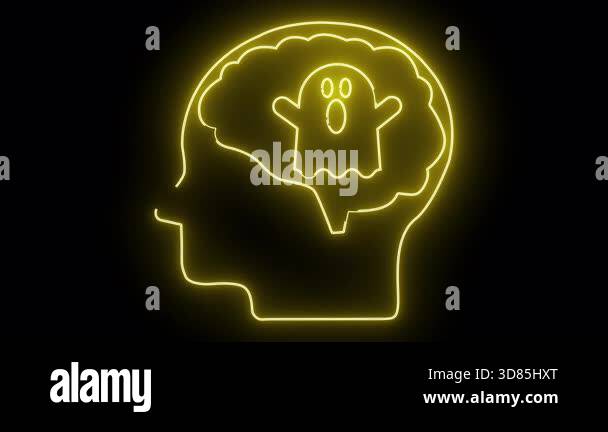 Head outline with brain containing a ghost shape all in glowing yellow ...
