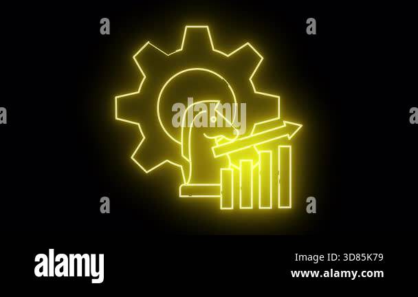Yellow neon outline of a gear chess knight graph against a black ...