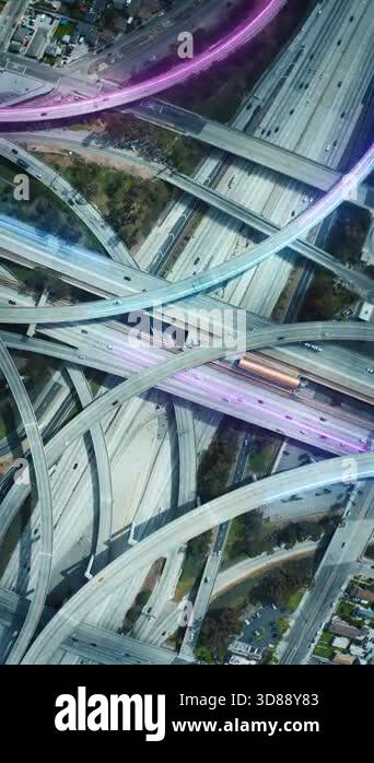 Aerial descending footage of complex multilevel highway interchange ...