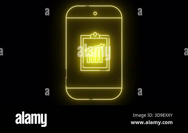 A yellow neon cell phone outline displays a clipboard with a rising ...