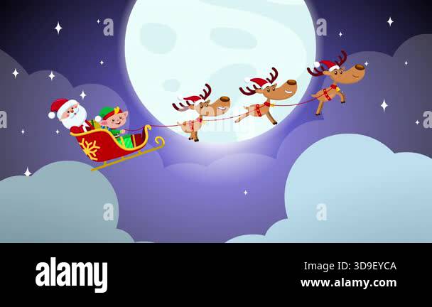 Santa Claus, Elf And Reindeer Cartoon Characters Flying In Sleigh Over ...