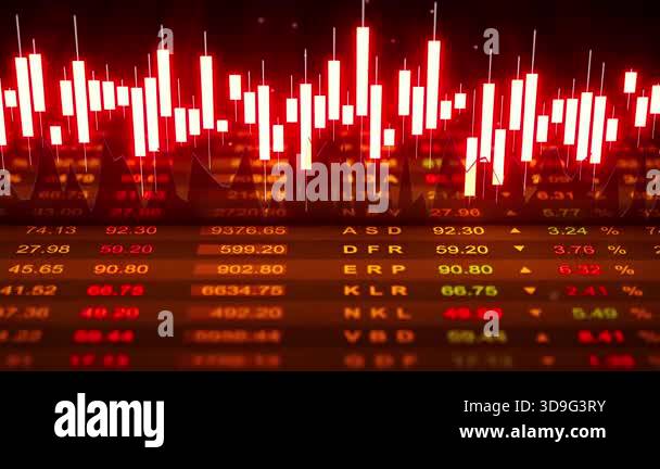 Looped 3D animation of bright red candlestick charts over falling ...
