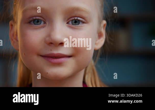 Portrait Caucasian calm beautiful adorable adopted child girl kid ...