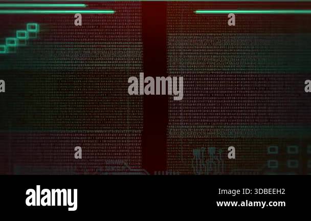 green hud panels scrolling code with red alert tint, boxed readouts and ...