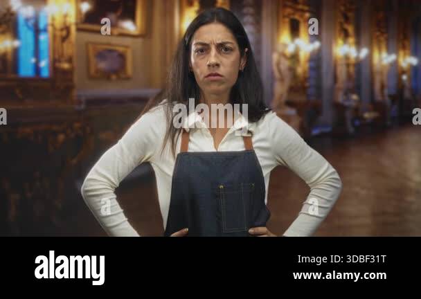 Young hispanic woman in denim apron with hands on hips and stern frown ...