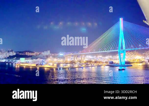 Busan, South Korea, 1st of Jan 2025, night view of a suspension cable ...