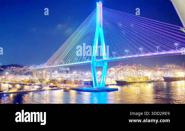 Busan, South Korea, 1st of Jan 2025, night view of a suspension cable ...