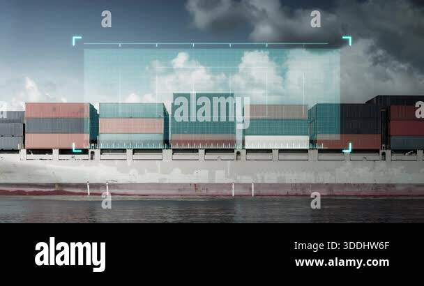 Cargo containers on container ship in ocean, overlaid with animated ...