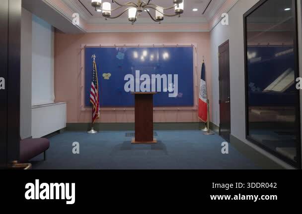 Empty Podium With Flags Blue Backdrop. Quiet Ceremonial Briefing Room ...