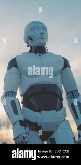 A futuristic android with glowing blue eyes stands against a dramatic ...