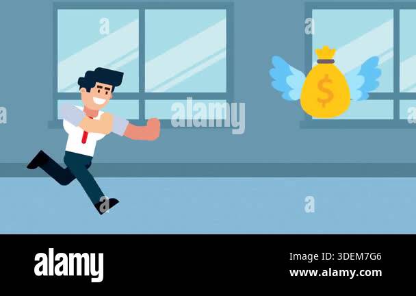 Animated video of a businessman running after a flying money bag with ...