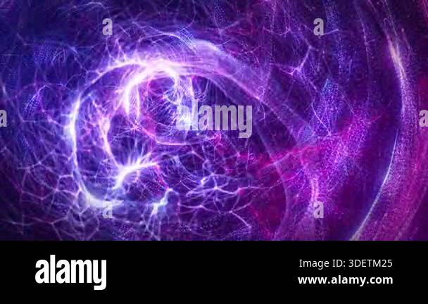 Abstract purple energy vortex of glowing particles and neural lines ...