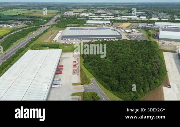 Aerial drone view of Aerial drone shot of distribution warehouses and ...