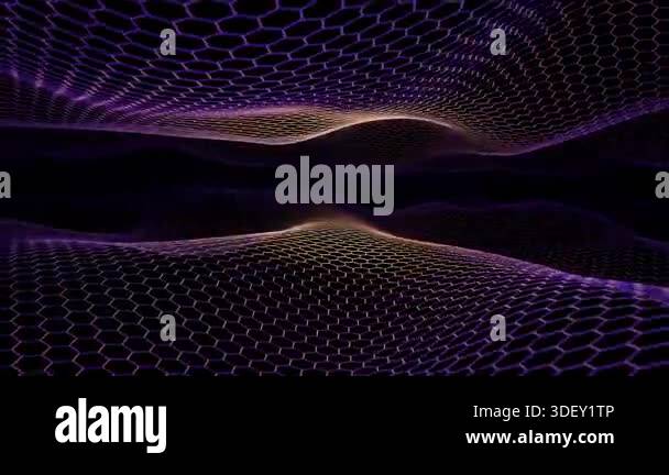 Abstract flowing hexagonal grid with glowing purple and golden lines ...