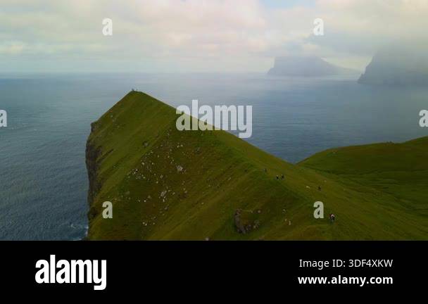 Aerial Ridge Trail Coastal Faroe Islands Slender Grassy Spine Leading ...
