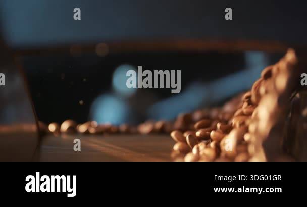 Roasted coffee beans fly and spin on a black background in slow motion ...