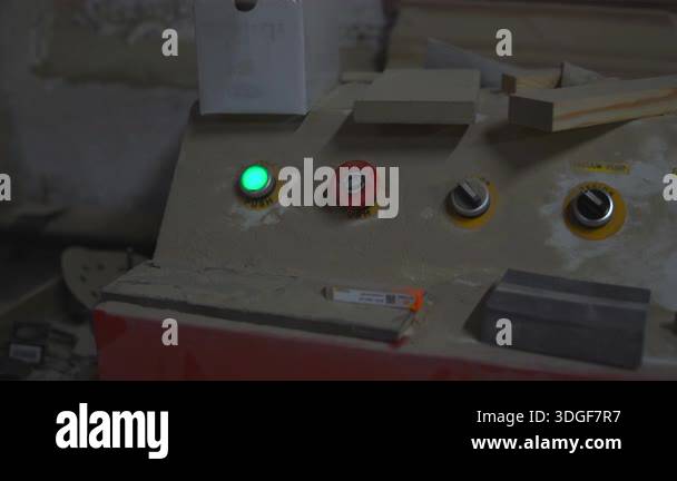 Green Indicator Light Glowing On Control Panel Dusty Workshop Console ...