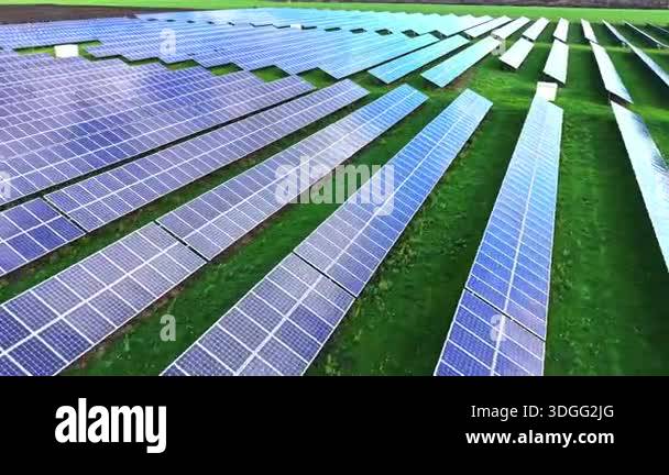 Rows of solar panels spread across a lush green field capture sunlight ...