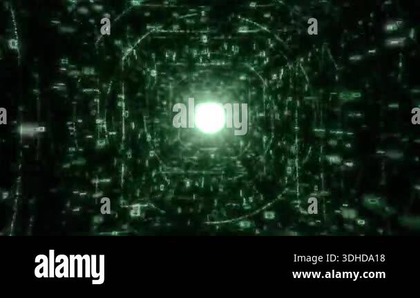 A futuristic tunnel of glowing green binary code and data flows towards ...