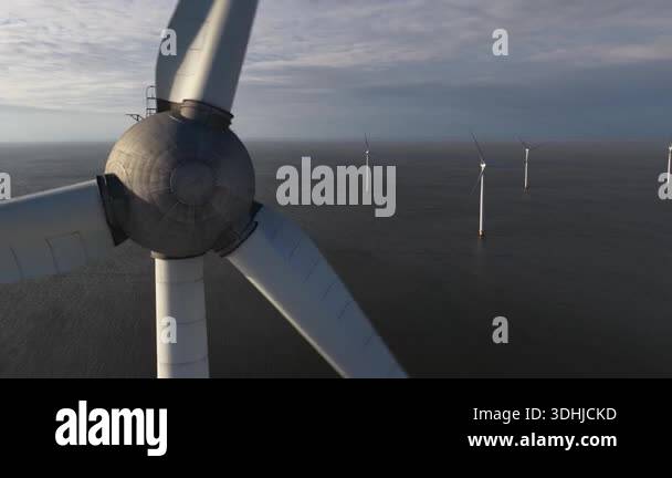 Offshore Rotor Sign Dramatic aerial close up of a large offshore wind turbines rotor and ...