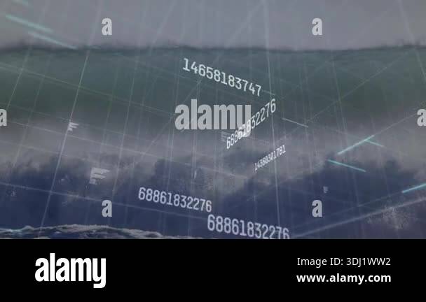 Wireframe grid appearing above ocean horizon initiating rotating digits ...