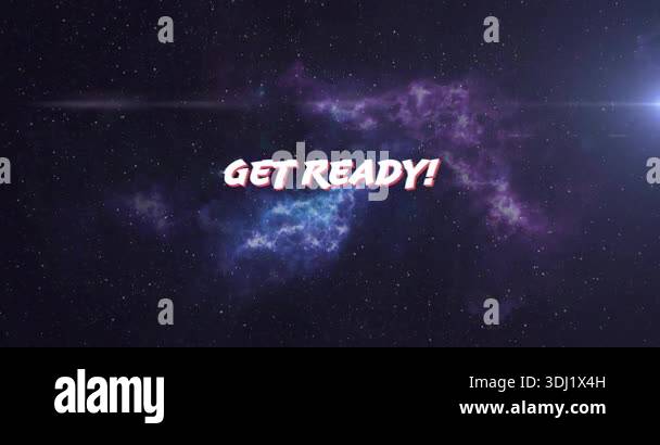 Camera pulling back revealing GET READY! text while lens flare moving ...