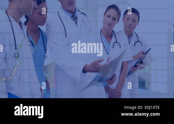 Senior doctor flipping chart film and activating graphs as team ...