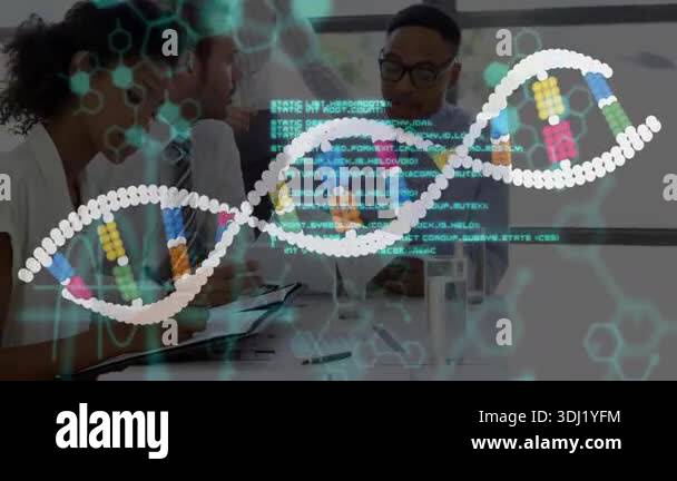 Seated team members reviewing science data reports as animated DNA ...