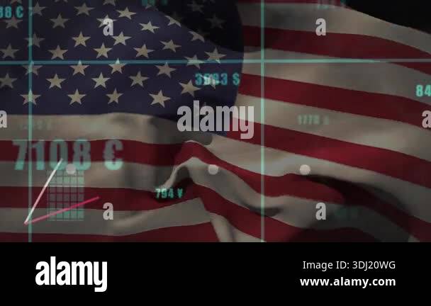Flag waving initiating grid overlay appearing bars rising and lines ...