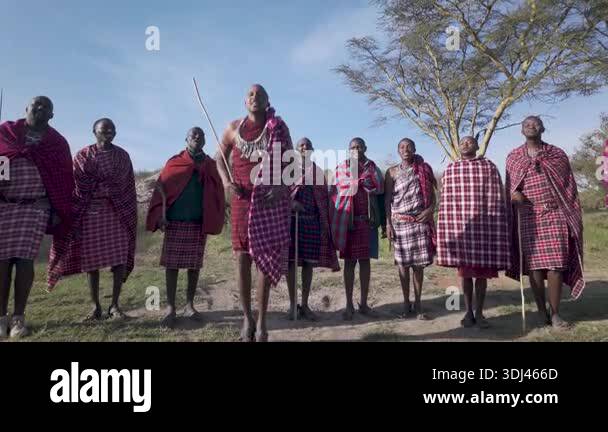 Masai men performing traditional jump dance in colorful shuka robes ...