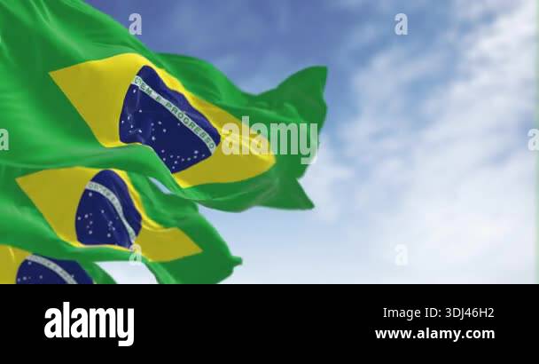 Brazil national flags waving in the wind. Yellow diamond on green field ...