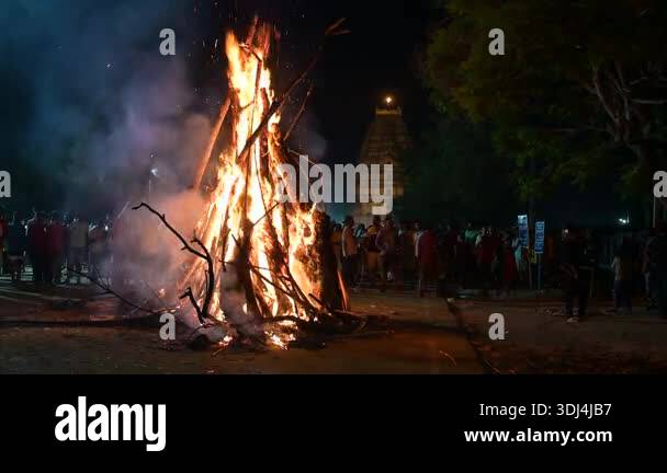 Holika Dahan, ritual bonfire, evening before the holi festival in India ...