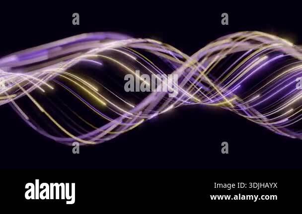 Abstract neon light waves with dynamic curved purple and yellow streaks ...